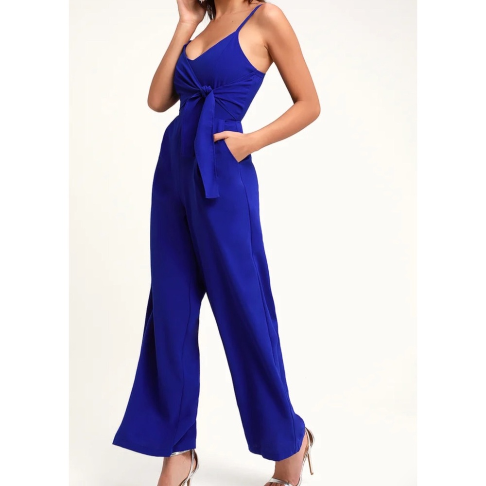 Lulus Royal Blue Tie-Front Wide Leg Jumpsuit - Picture 2 of 5